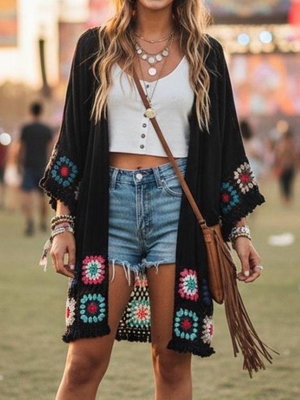Umgee womans Boho Crochet Trim Black Open-Front Kimono Sweater size S